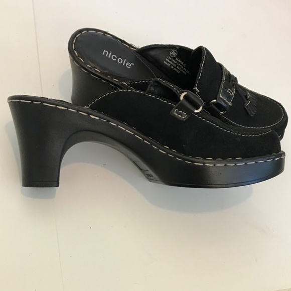 NICOLE Platform Mule Clogs Leather Black Slip On Heeled Clogs Markie Size 8 - Picture 14 of 16